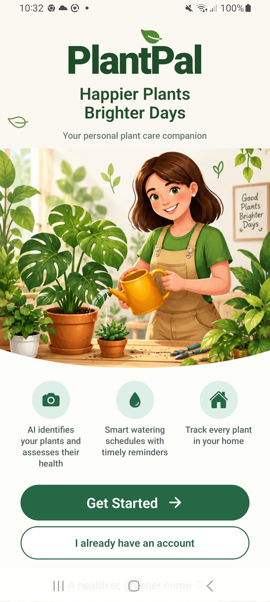 PlantPal welcome screen with plant identification, watering schedule, and plant tracking features